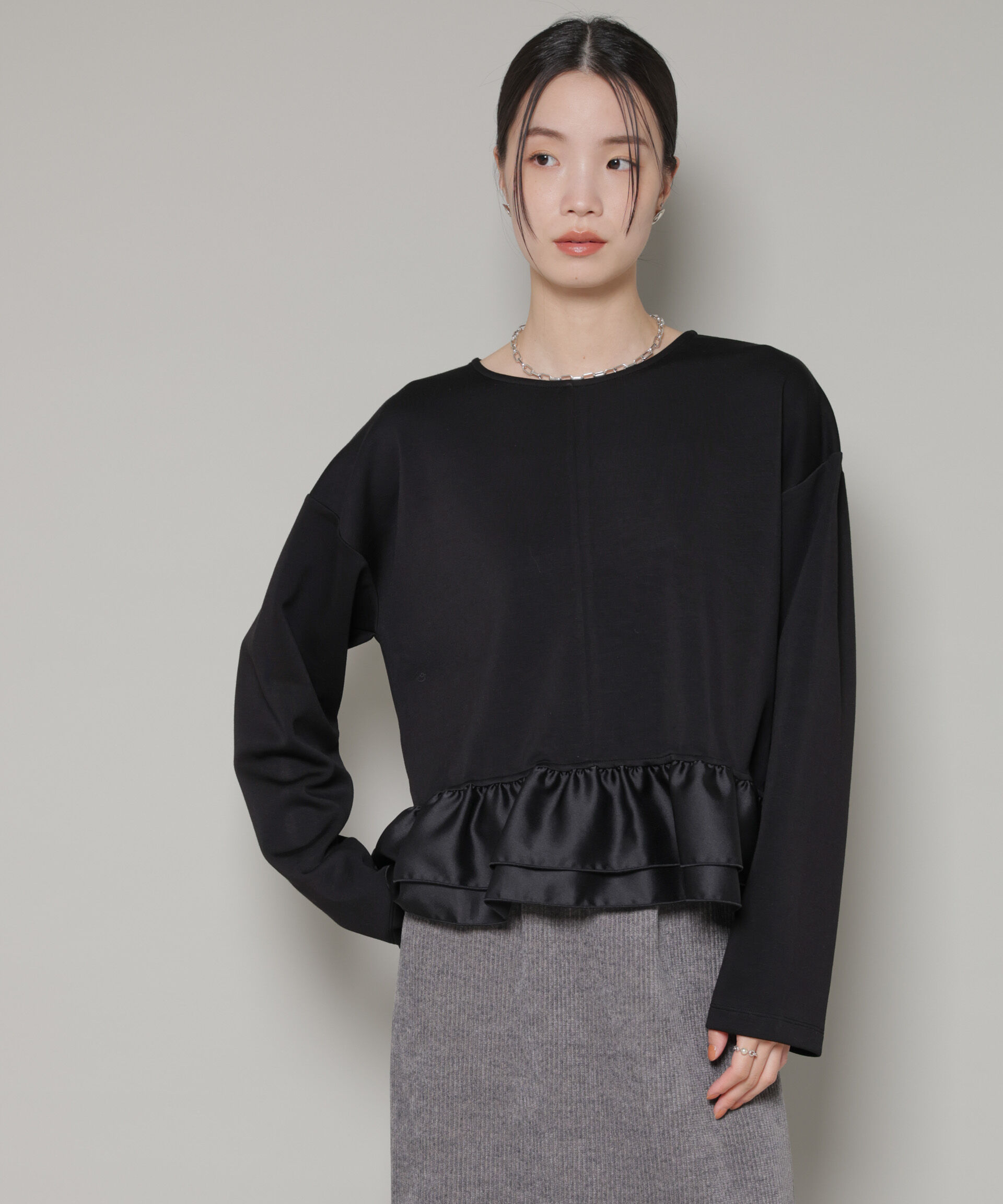 nano･universe「ダンボールカットサテンペプラムトップス」|Tシャツ・カットソー|ブラック