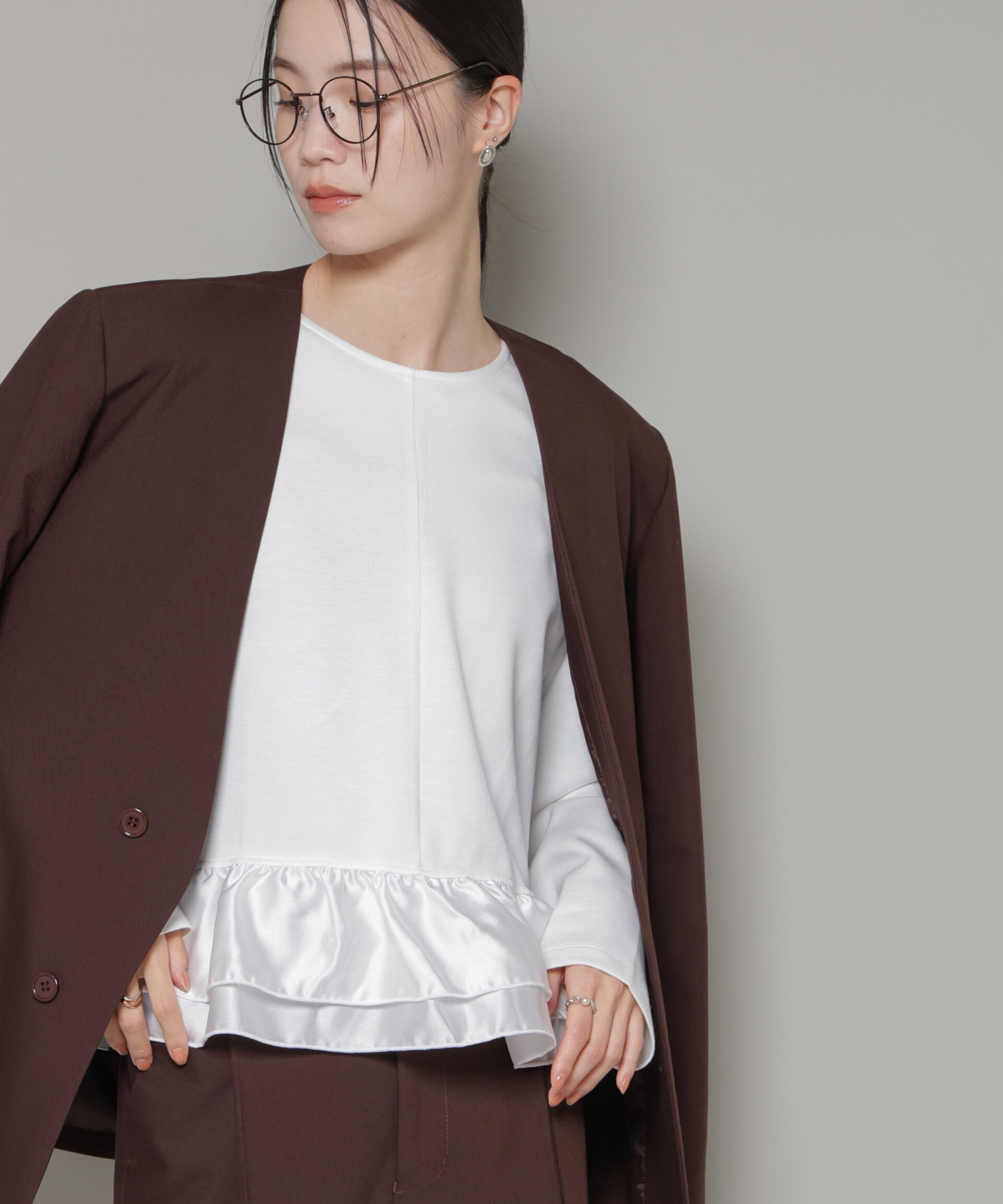 nano･universe「ダンボールカットサテンペプラムトップス」|Tシャツ・カットソー|ホワイト