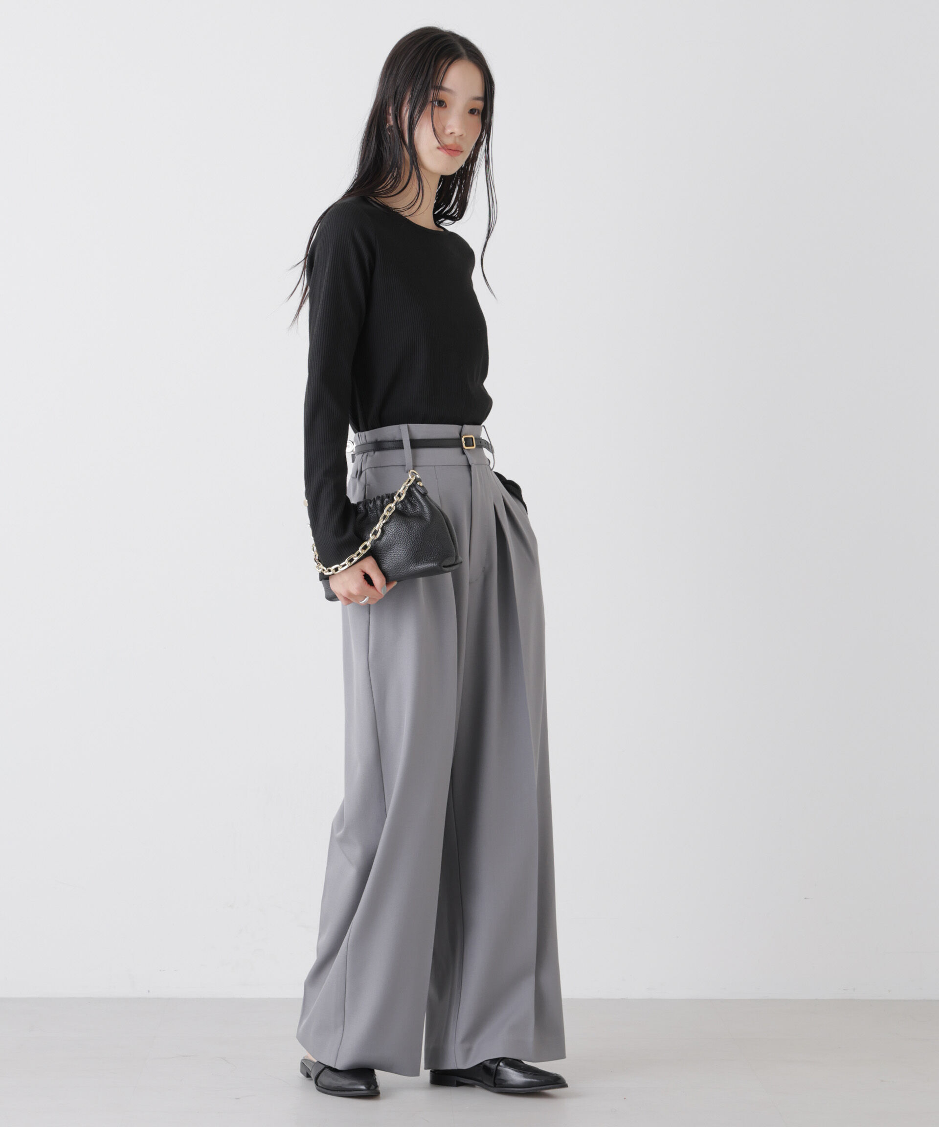 nano･universe「ハイウエストツータックワイドパンツ」|チノ|