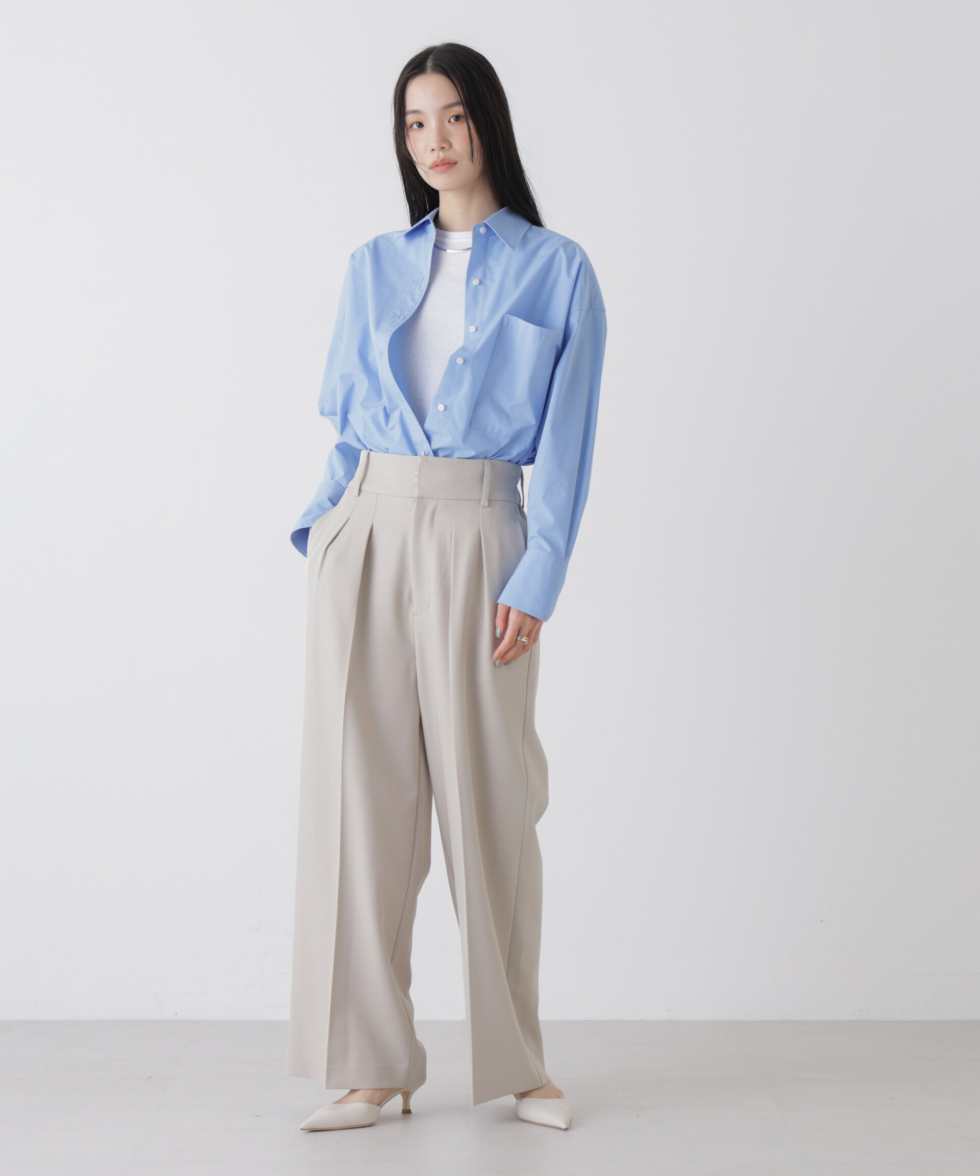 nano･universe「ハイウエストツータックワイドパンツ」|チノ|