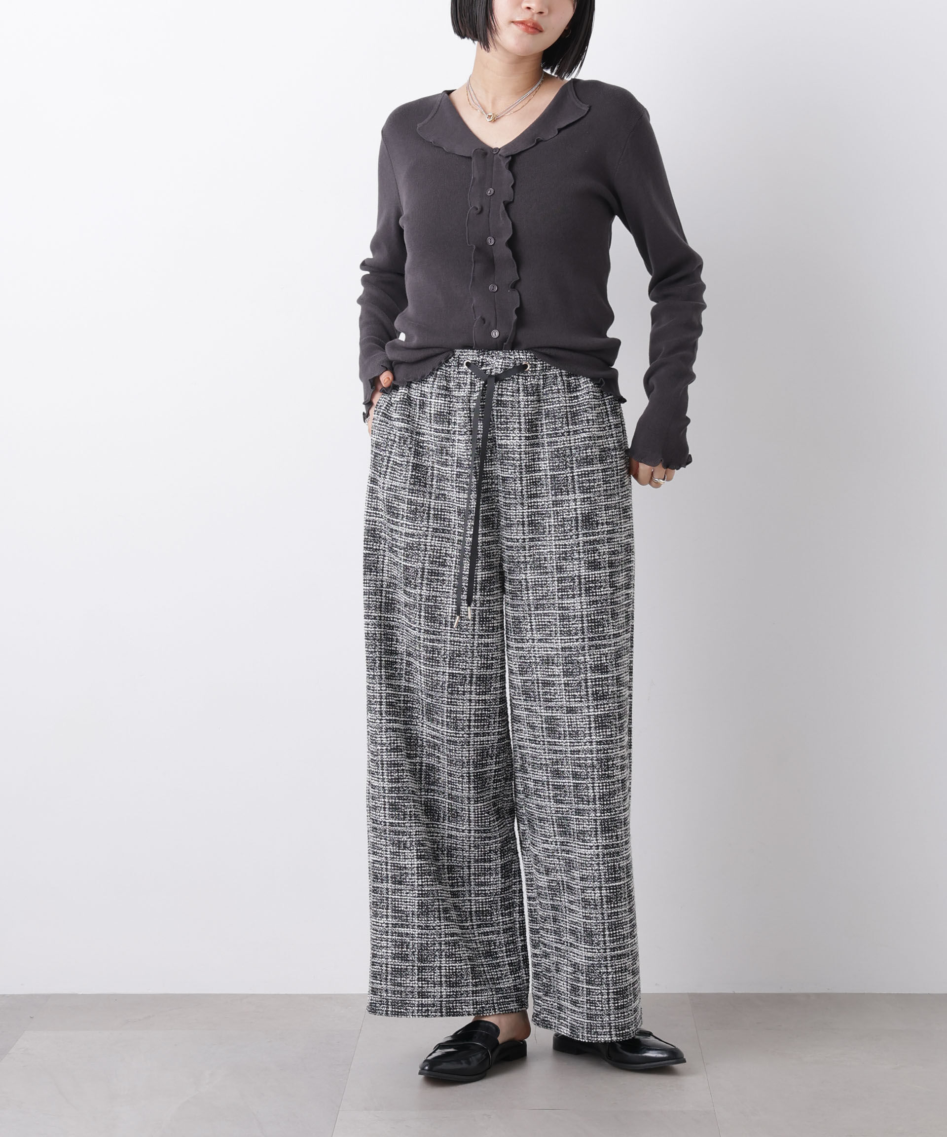 nano･universe「カットツイードドロストワイドパンツ(セットアップ可)」|チノ|ブラック