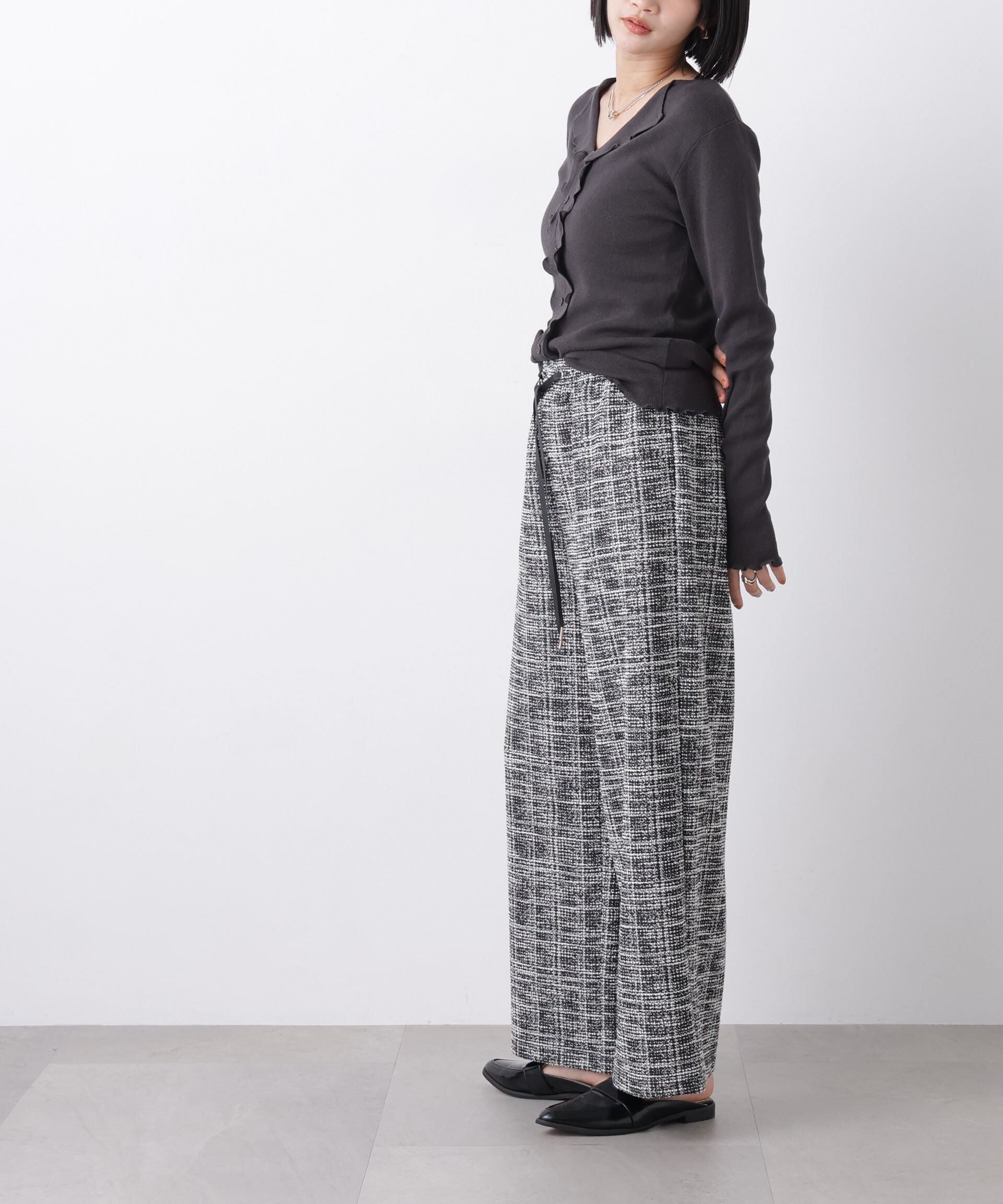 nano･universe「カットツイードドロストワイドパンツ(セットアップ可)」|チノ|