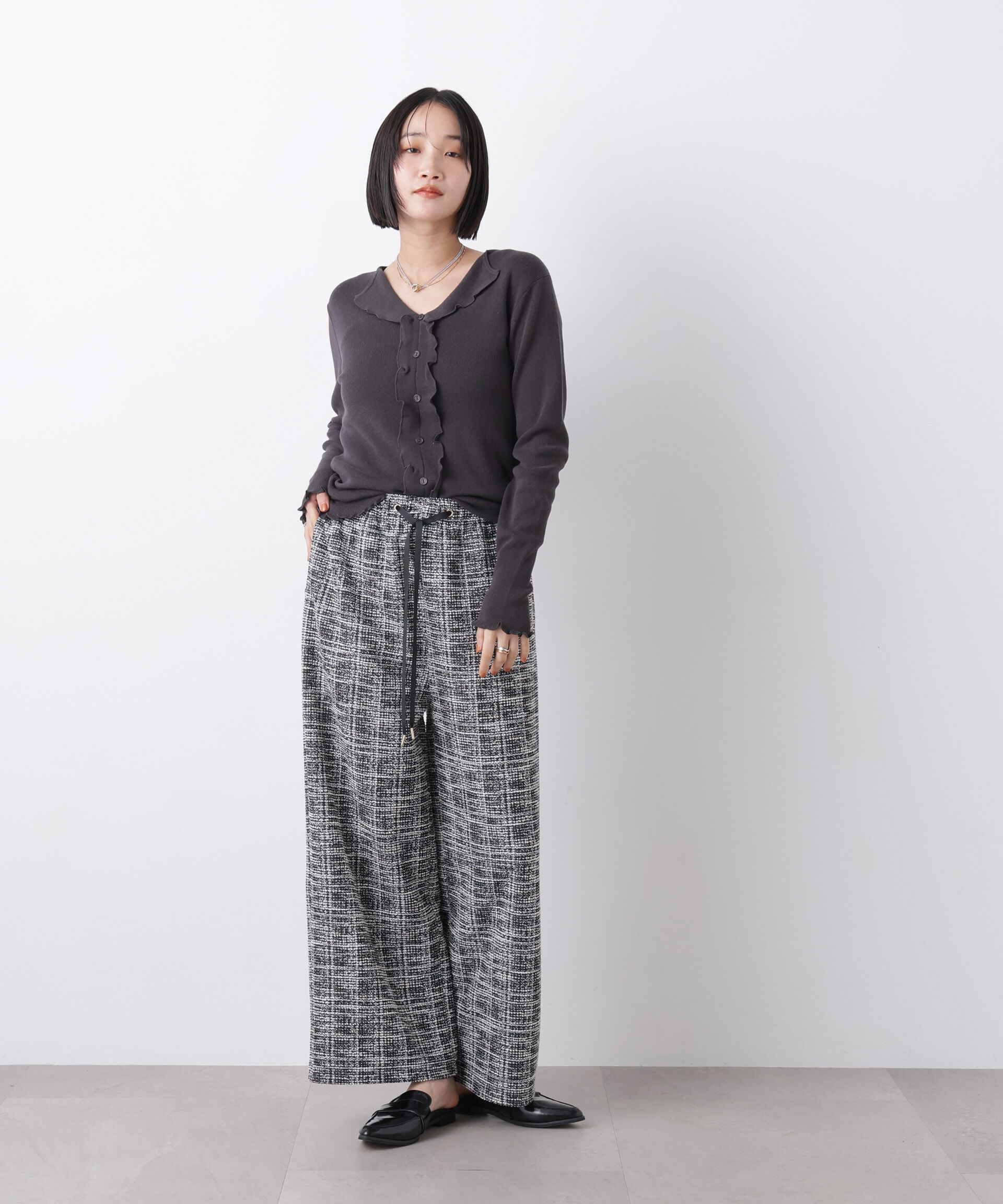 nano･universe「カットツイードドロストワイドパンツ(セットアップ可)」|チノ|