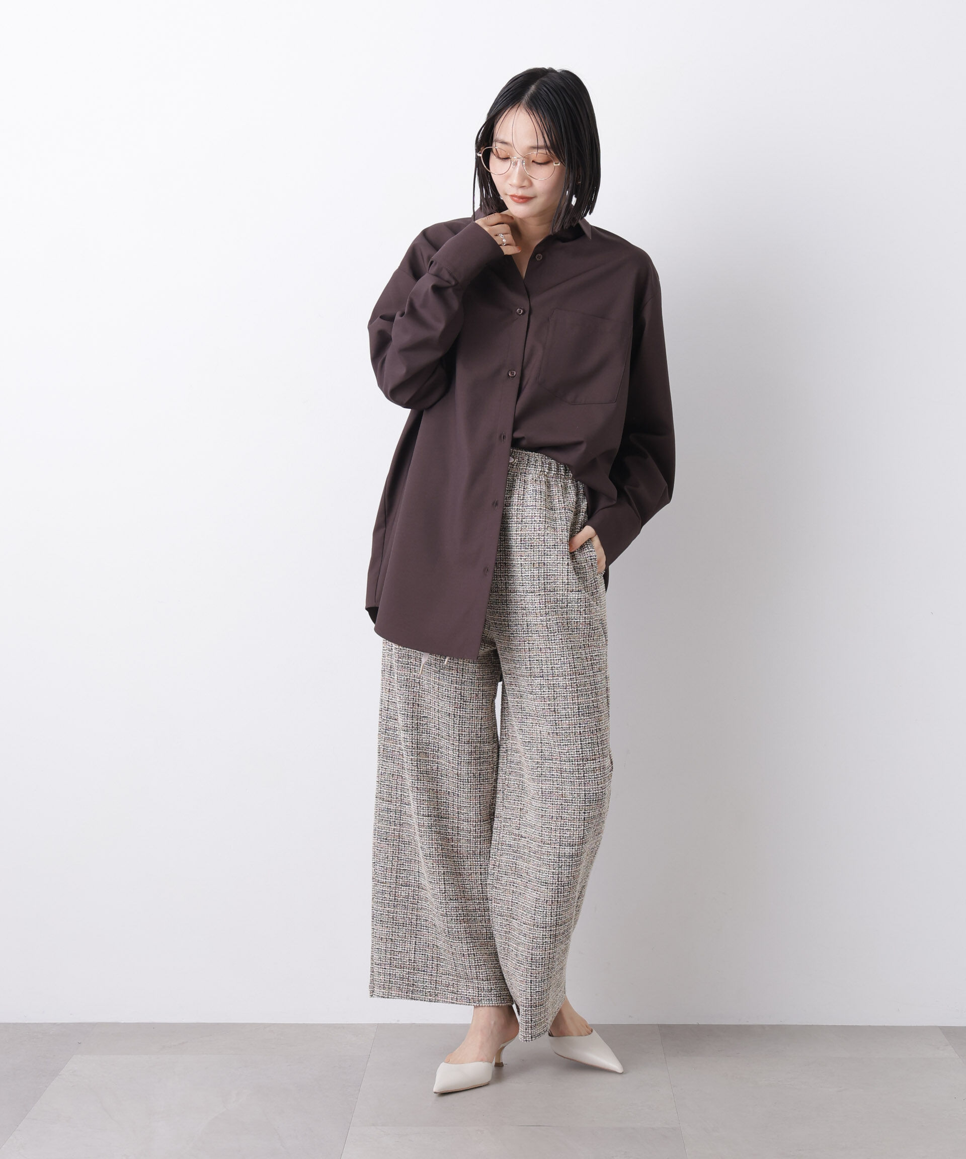 nano･universe「カットツイードドロストワイドパンツ(セットアップ可)」|チノ|