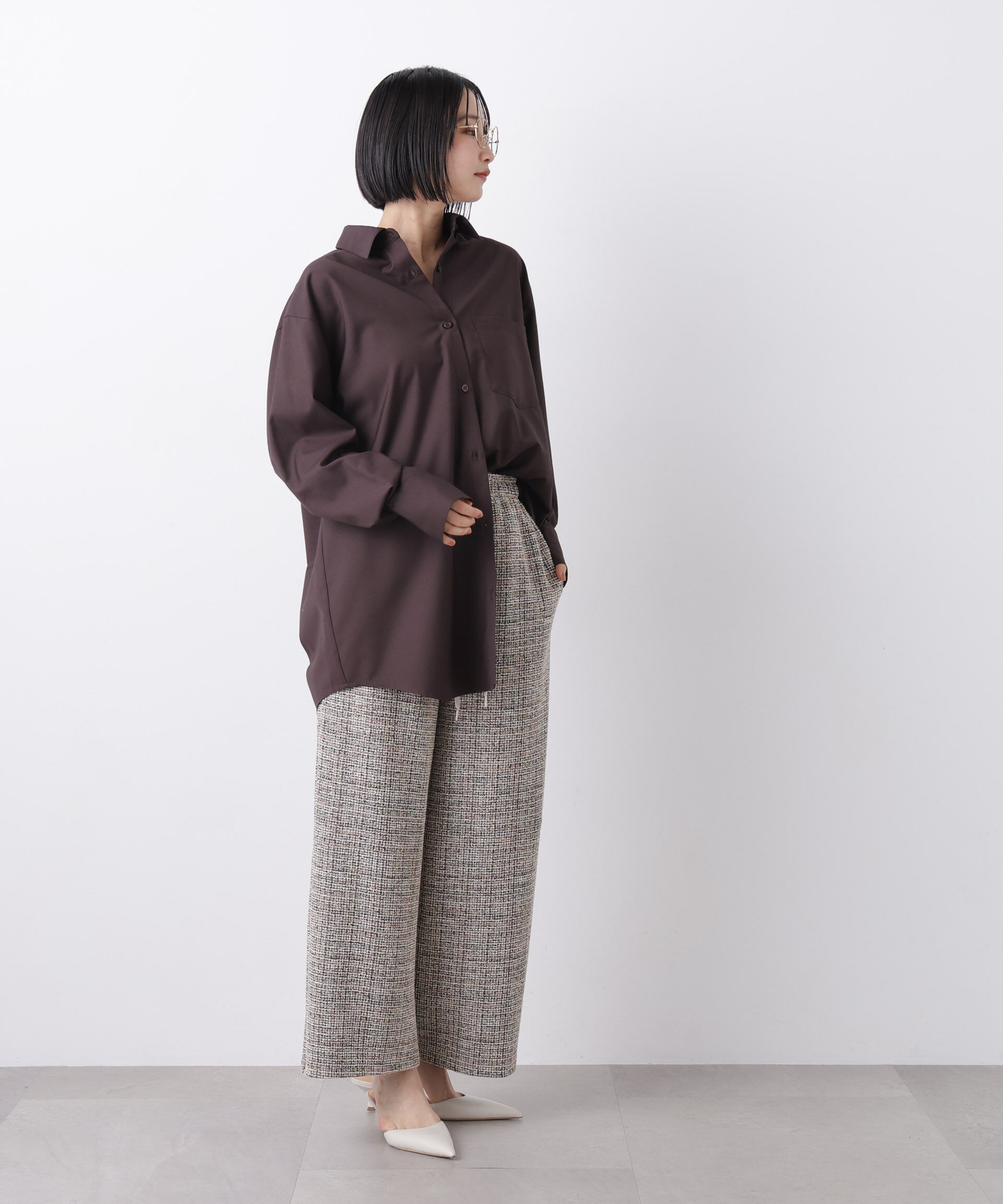 nano･universe「カットツイードドロストワイドパンツ(セットアップ可)」|チノ|