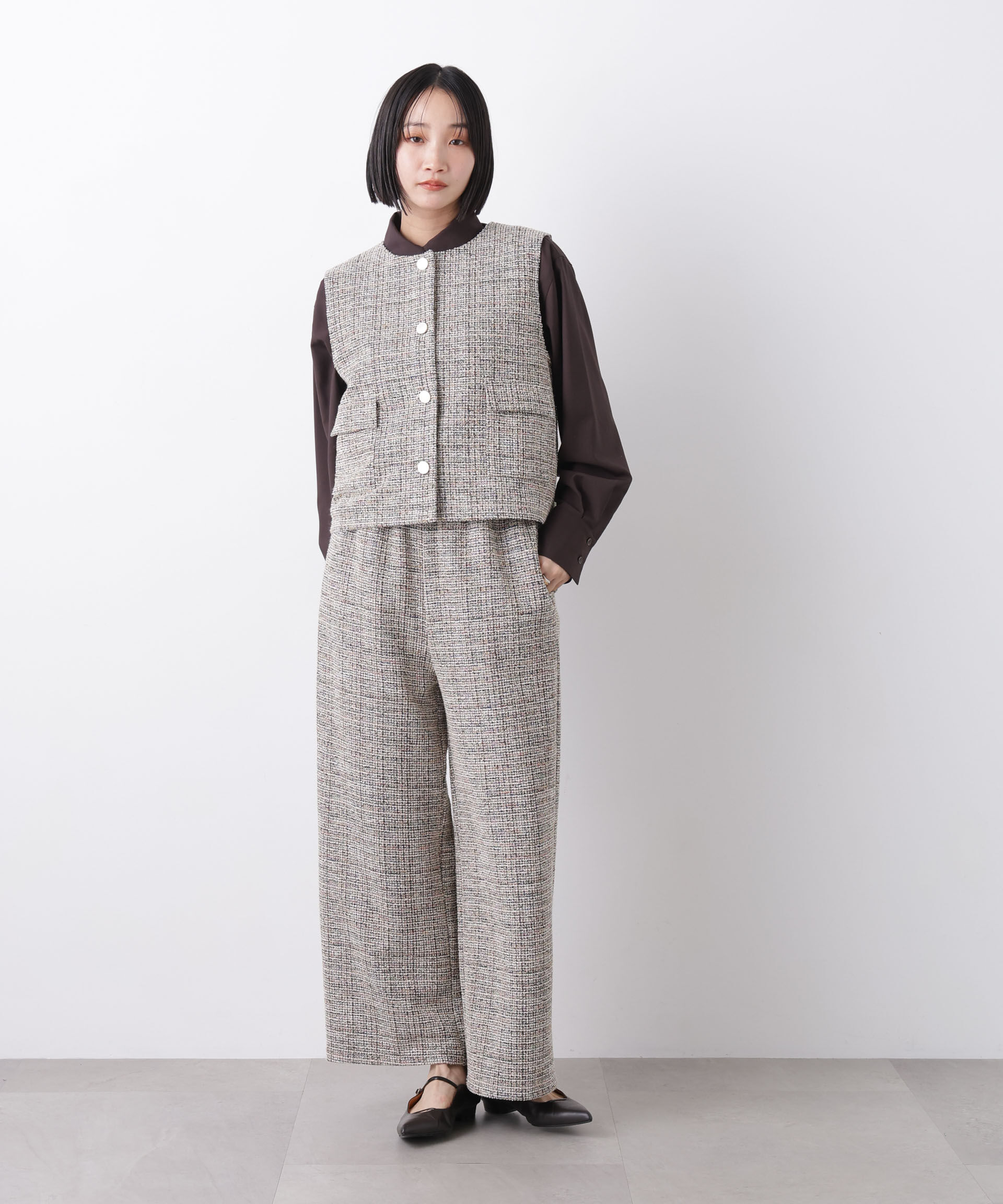 nano･universe「カットツイードドロストワイドパンツ(セットアップ可)」|チノ|