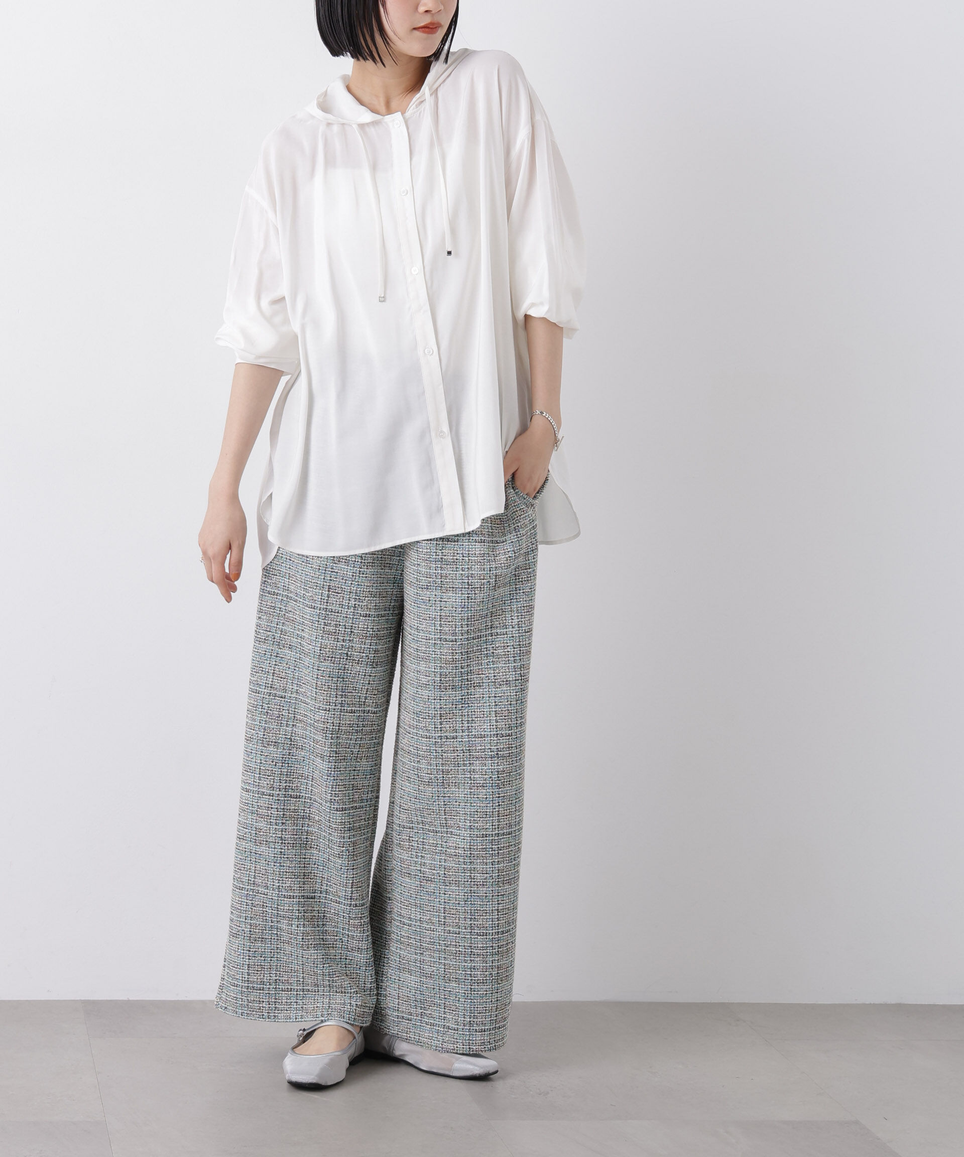 nano･universe「カットツイードドロストワイドパンツ(セットアップ可)」|チノ|ブルー