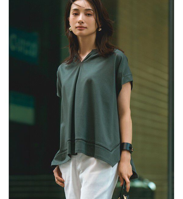 23区「【洗える】ラダーレースジャージー カットソー」|Tシャツ・カットソー|カーキ系