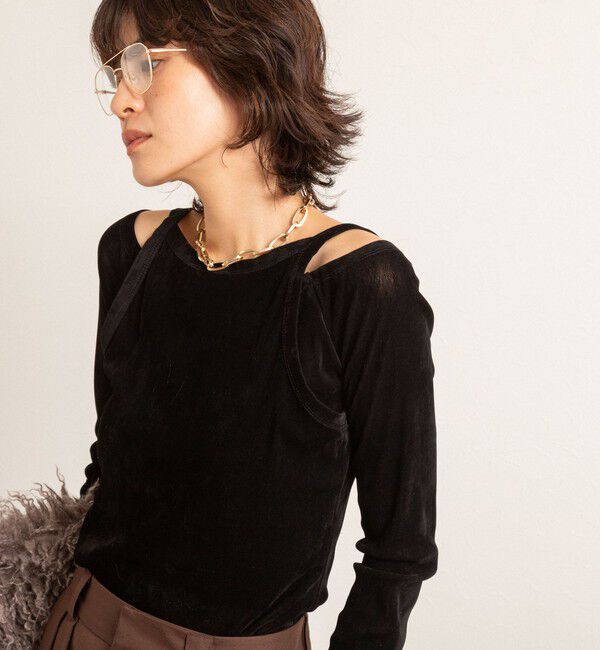 MAQWEL「【MAQWEL/マクウェル】ウォッシャブルベロアレイヤードトップス」|Tシャツ・カットソー|ブラック