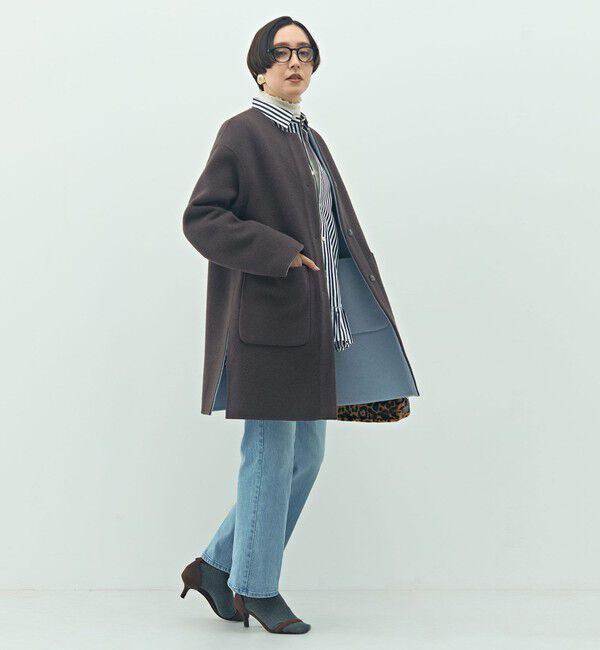 NOLLEY'S「バイカラーリバーコート」|ノーカラーコート|