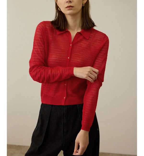 ROPE「透かし編み ニット ポロカーディガン」|カーディガン|