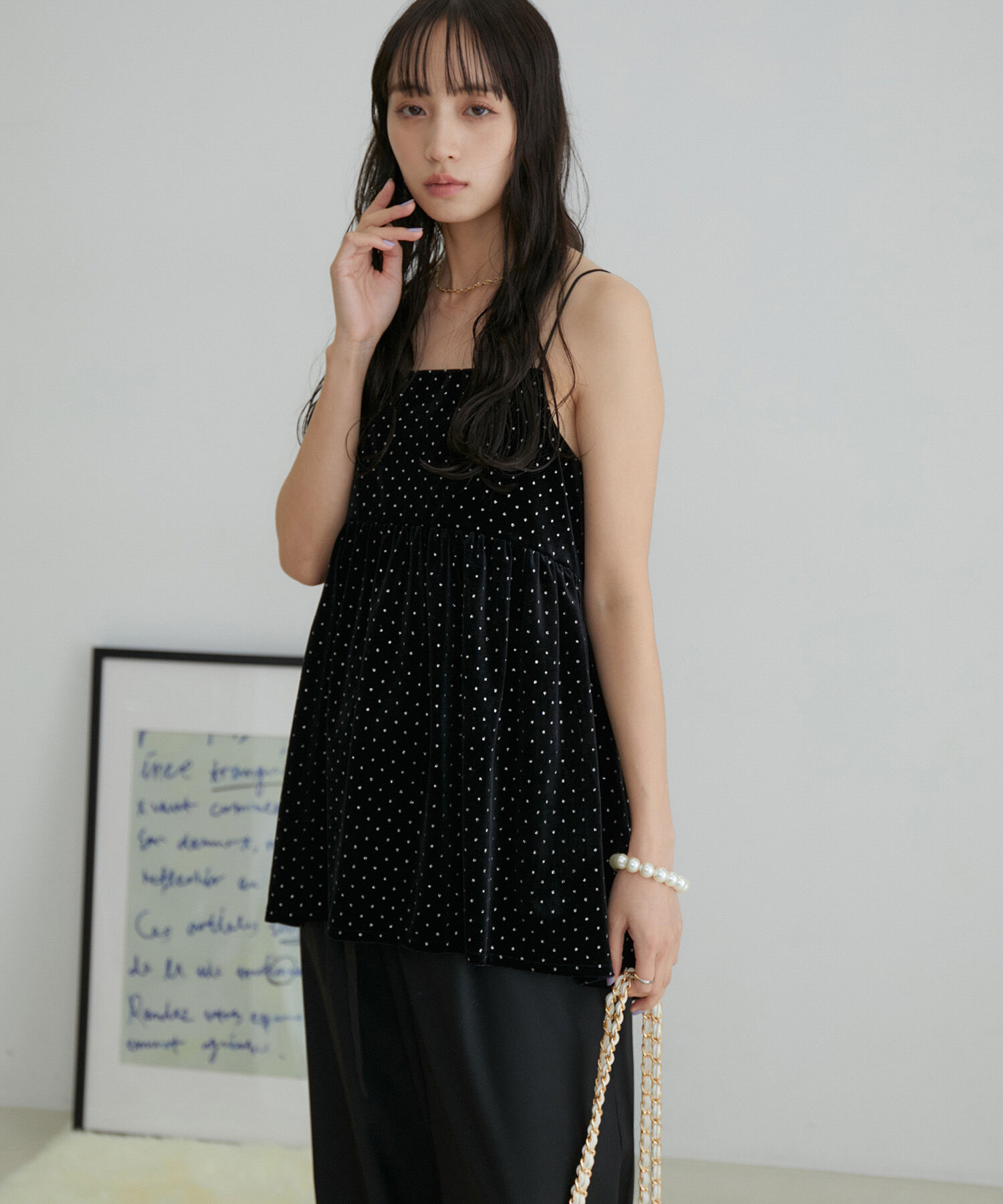 VIS「【選べる着丈】ラメドットベロアキャミトップス【洗える】」|キャミソール|