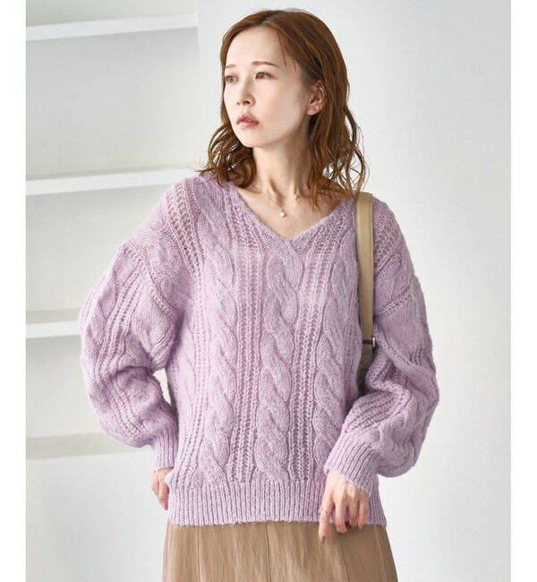 Rope&rsquo;Picnic「ゆるケーブル編みVネックニット」|ニット・セーター|ラベンダー(52)