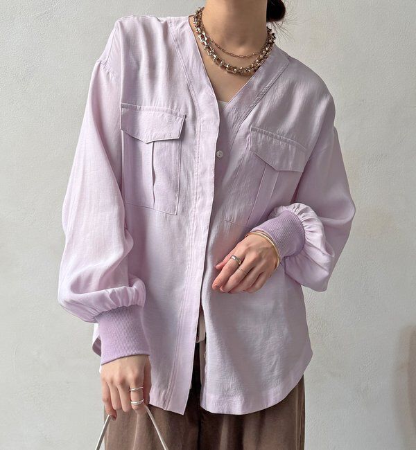  「【WEB限定】ノーカラーブルゾンライクシャツ」|シャツ・ブラウス|ピンク