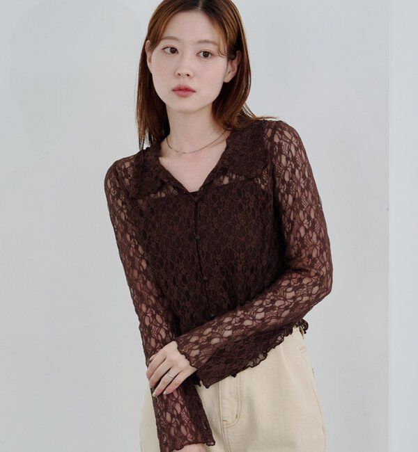  「【新色追加/S.Mサイズ展開】衿付きレースプルオーバー」|Tシャツ・カットソー|ブラウン