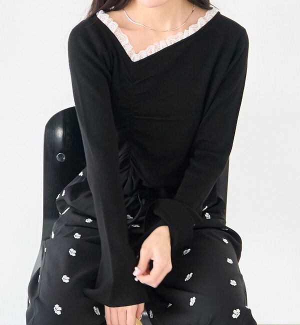  「【4色展開】レースシャーリングニット」|ニット・セーター|ブラック