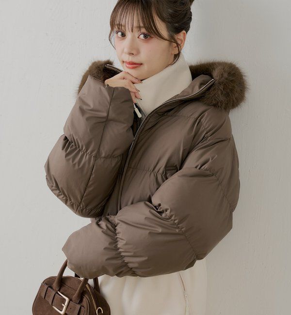  「ショート丈ファーフード中綿ブルゾン」|その他|ブラウン