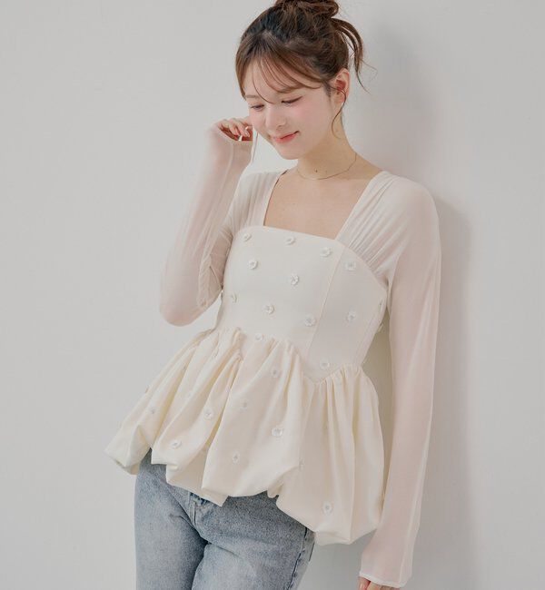  「【SALON by Chico】ドッキングバルーンペプラムフラワーブラウス」|シャツ・ブラウス|