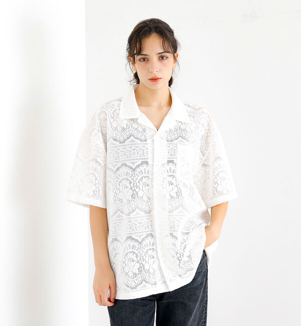 ABAHOUSE「【Revo.レボ】透かし編みニットオープンカラー半端袖シャツ」|シャツ・ブラウス|