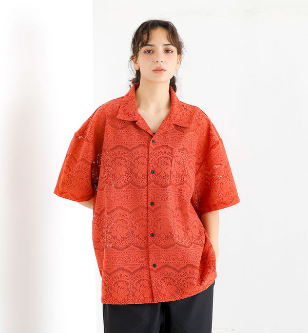 ABAHOUSE「【Revo.レボ】透かし編みニットオープンカラー半端袖シャツ」|シャツ・ブラウス|テラコッタ