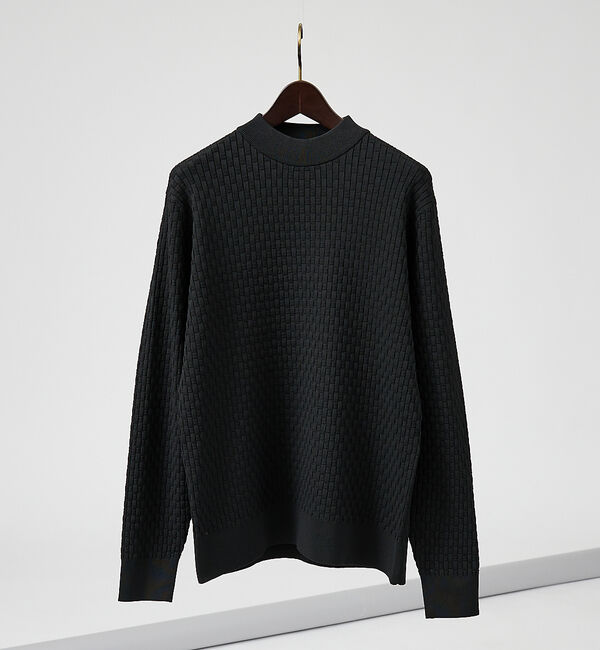 ABAHOUSE「【ハイストレッチ】ブロックチェック ジャガード モックネックニット」|ニット・セーター|