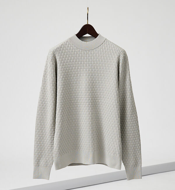 ABAHOUSE「【ハイストレッチ】ブロックチェック ジャガード モックネックニット」|ニット・セーター|グレージュ