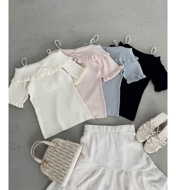  「パールチェーンオフショルフリルニット」|ニット・セーター|アイボリー