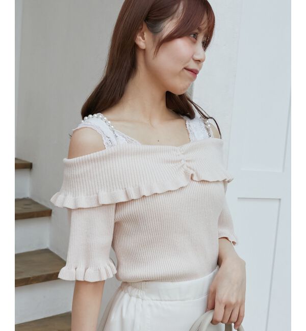  「パールチェーンオフショルフリルニット」|ニット・セーター|