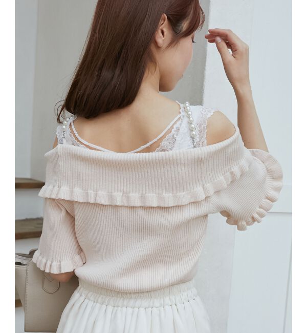  「パールチェーンオフショルフリルニット」|ニット・セーター|