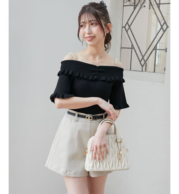  「パールチェーンオフショルフリルニット」|ニット・セーター|
