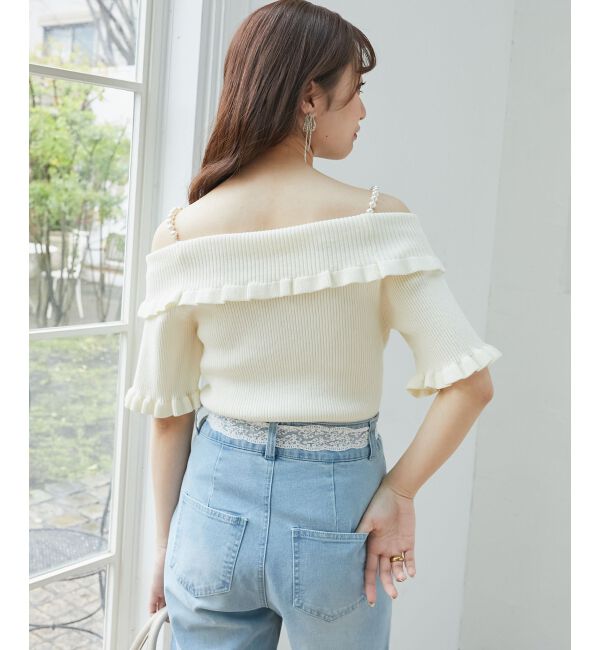  「パールチェーンオフショルフリルニット」|ニット・セーター|