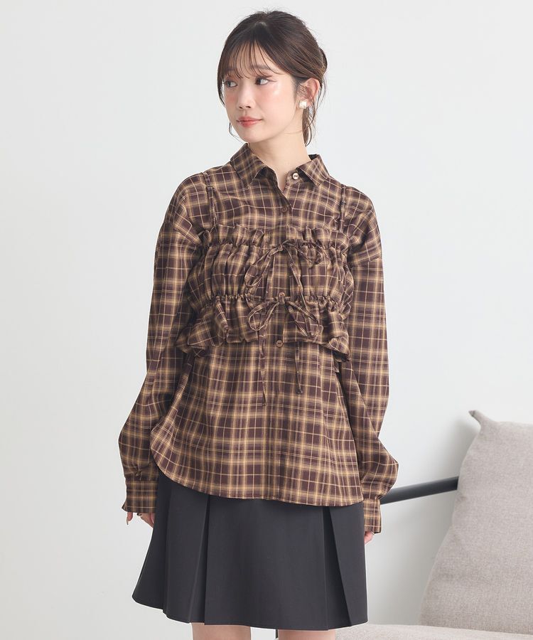 earth music&ecology「SET2点チェック柄シャーリングビスチェ＋シャツ」|シャツ・ブラウス|
