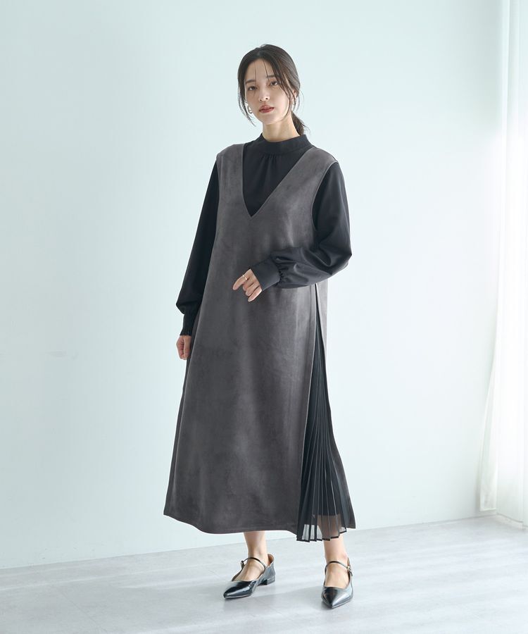 YECCA VECCA「【2点SET】ブラウスセットプリーツMIXジャンスカ」|ジャンパースカート|Charcoal Gray