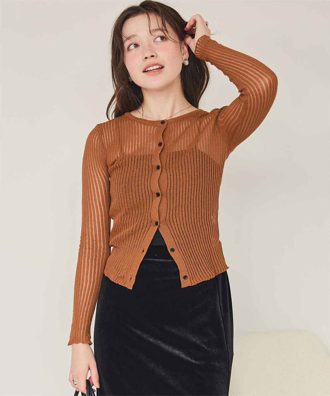 titivate「前後2wayウォッシャブルリブシアーニットカーディガン」|カーディガン|ライトブラウン