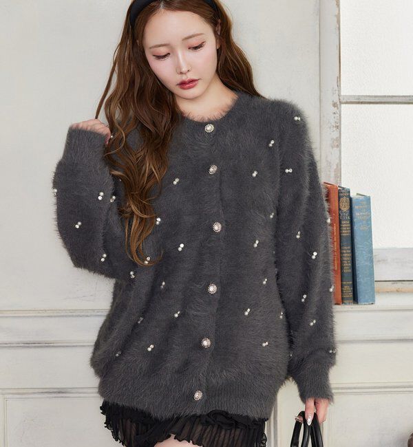  「ビジューフェザーロングカーデ」|ニット・セーター|チャコールグレー