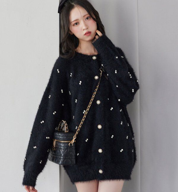  「ビジューフェザーロングカーデ」|ニット・セーター|