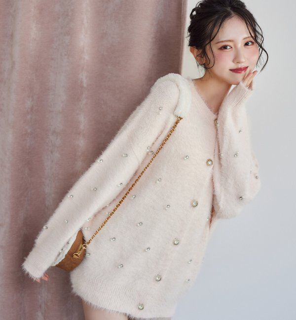  「ビジューフェザーロングカーデ」|ニット・セーター|