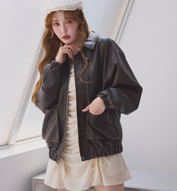  「WEB限定【ロングシーズン活躍！】オーバーサイズ合皮ブルゾン」|ダウンベスト・ベスト|ブラウン