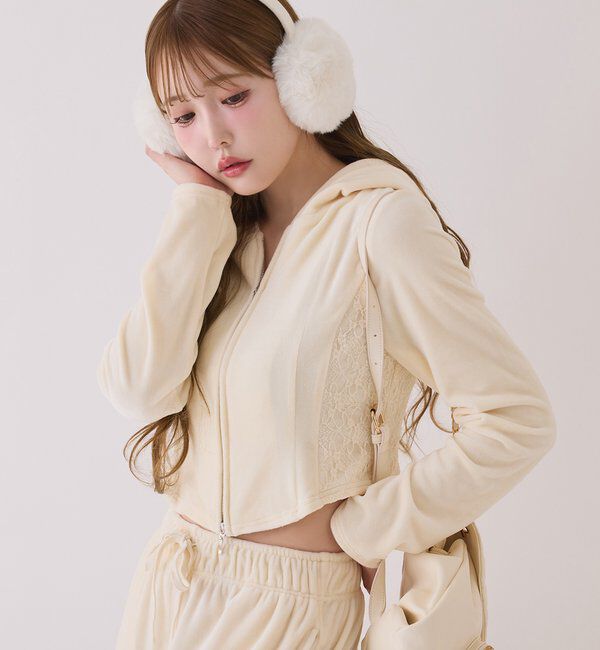  「【セットアップ可能】サイドレースベロアパーカー」|プルオーバー|