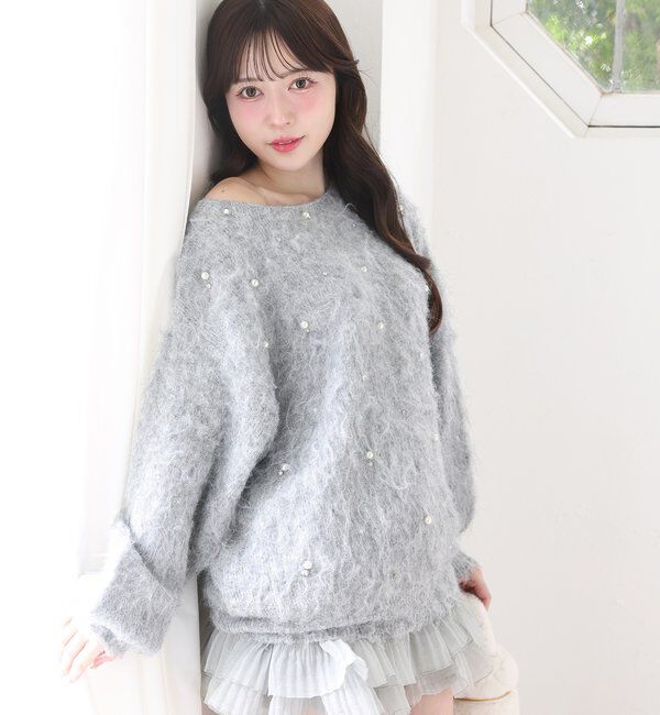  「ビジューシャギーニット」|ニット・セーター|グレー