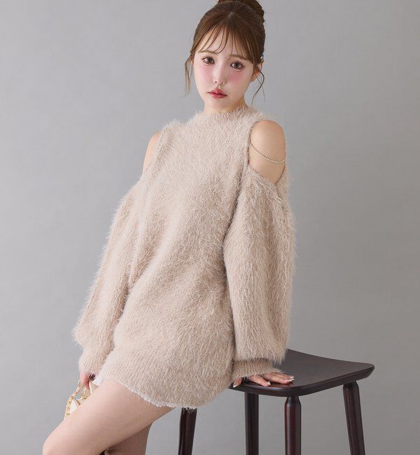  「肩あきビジューニットミニワンピ」|ワンピース|ピンクベージュ