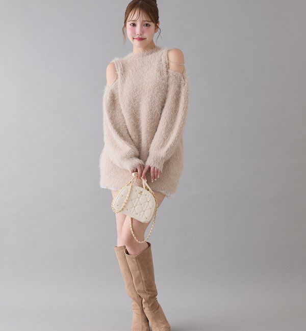  「肩あきビジューニットミニワンピ」|ワンピース|