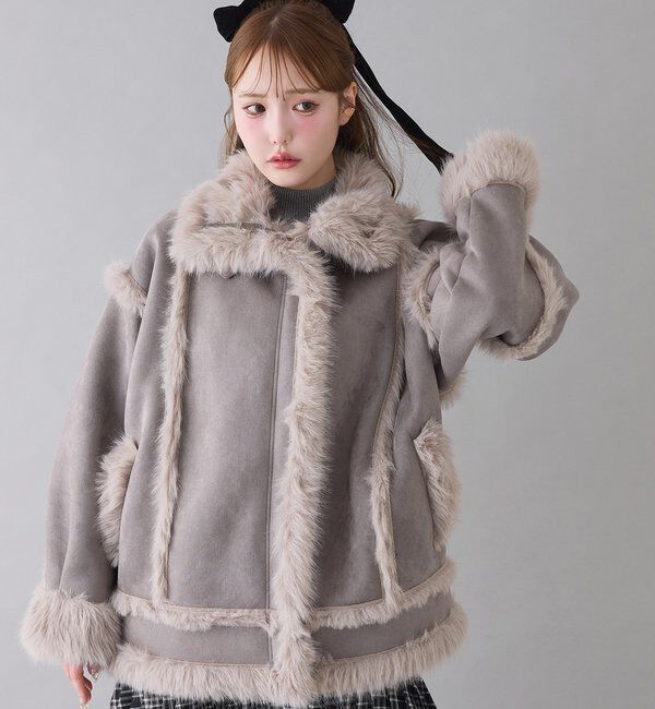  「フェイクムートンロングジャケット」|ダウンベスト・ベスト|グレー