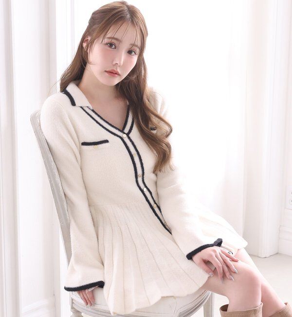  「襟付き配色ニットミニワンピース」|ワンピース|