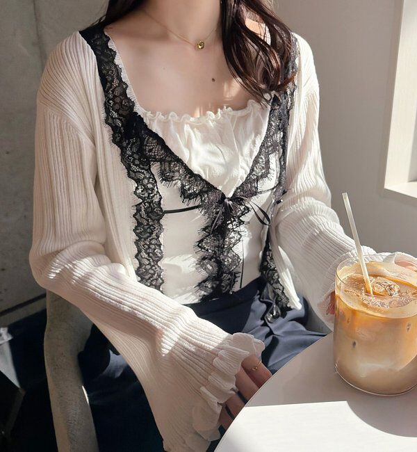  「レース付きリブカーディガン」|ニット・セーター|