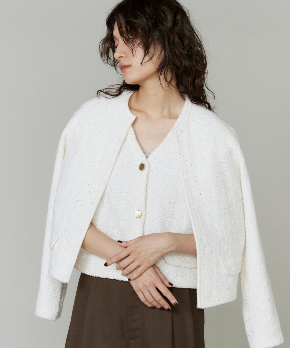 INED「ツイード風ニットカーディガン」|カーディガン|