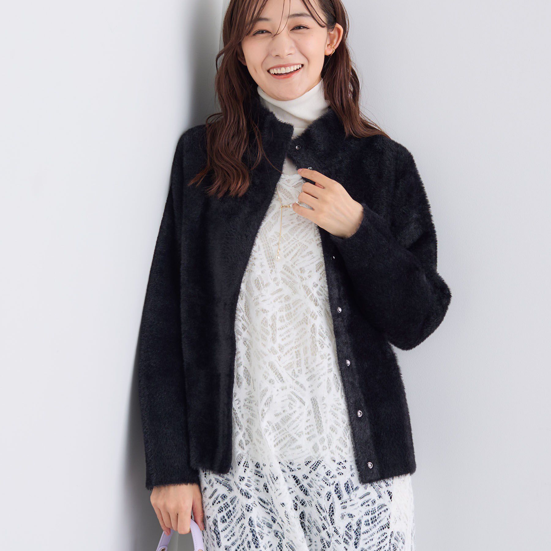 INDIVI「スタンドネック シャギーモールニット」|ニット・セーター|ブラック(019)