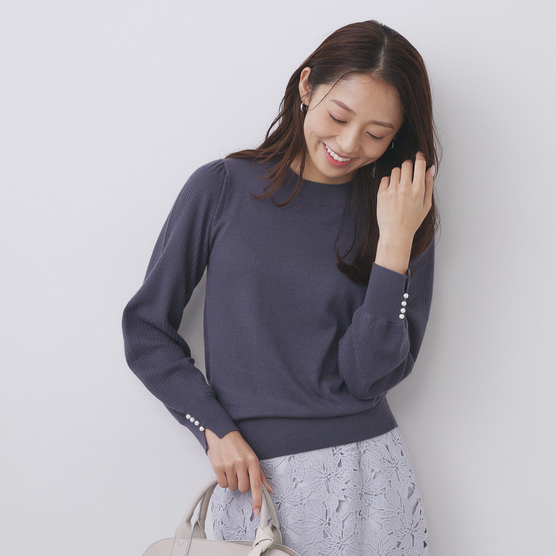 index「柄編みスリーブハイネックニット【洗濯機OK】」|ニット・セーター|チャコールグレー(0