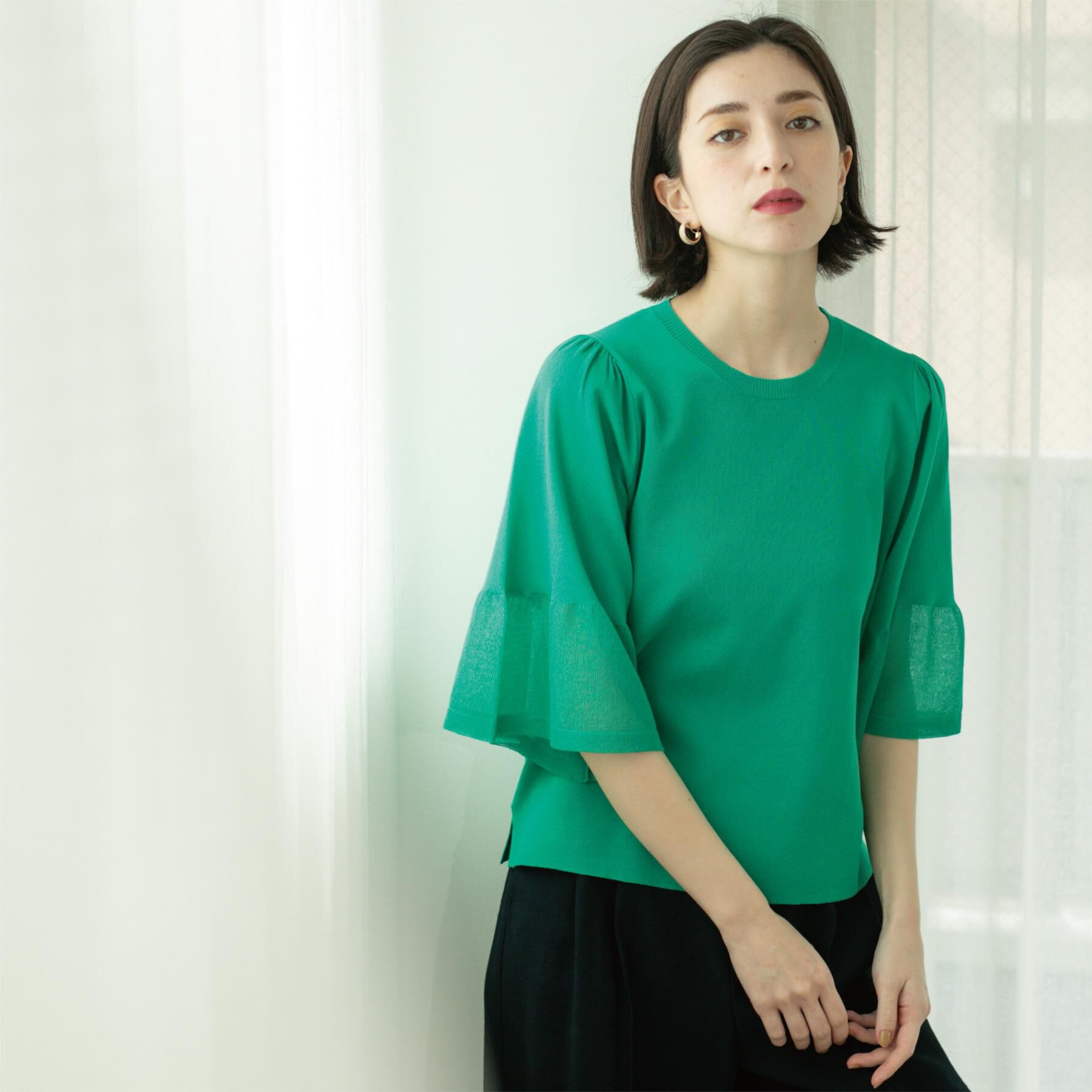 OPAQUE.CLIP「《5色展開》シアーフレアスリーブニット【洗濯機洗い可】」|ニット・セーター|