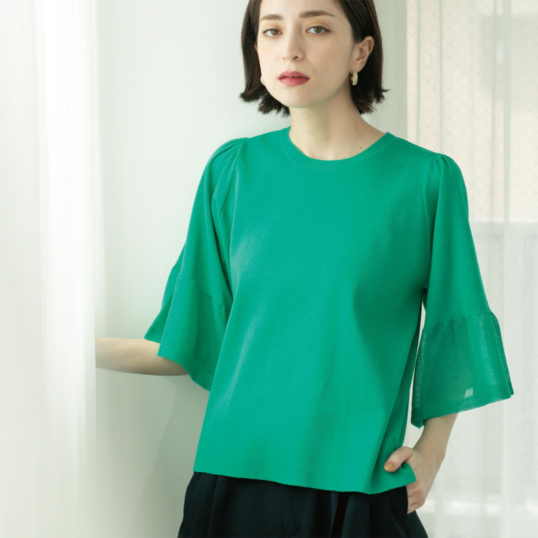 OPAQUE.CLIP「《5色展開》シアーフレアスリーブニット【洗濯機洗い可】」|ニット・セーター|